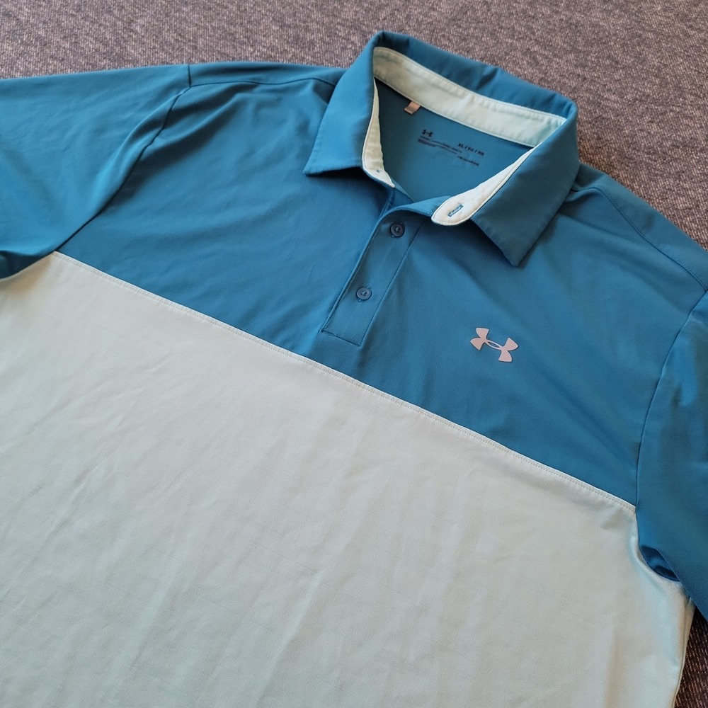 Under Armour Polo Shirt Mens XL Blue Teal Colorblock HeatGear Loose Golf Stretch
